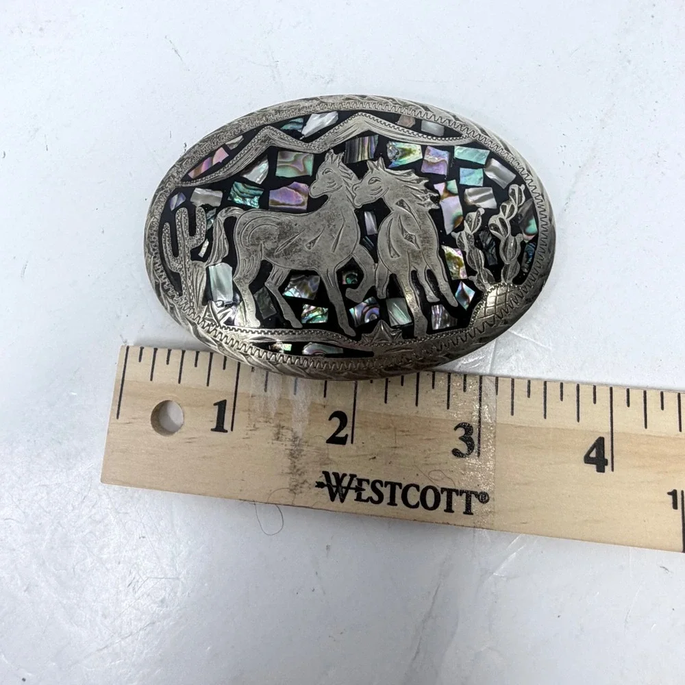 Vintage Mexico Alpaca Silver Horse Belt Buckle Abalone Shell Mosaic Inlay 3.25